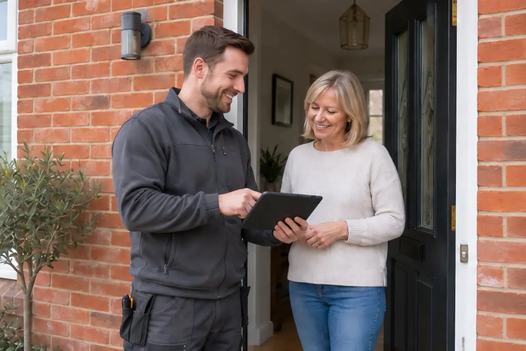 A Resolve All tradesperson going through a quote with a homeowner at her front door